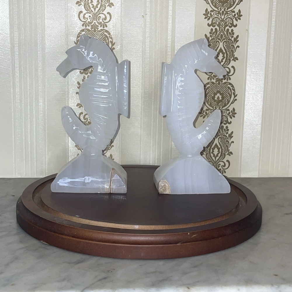 Pair of White Carved Seahorse Crystal Stone Bookends